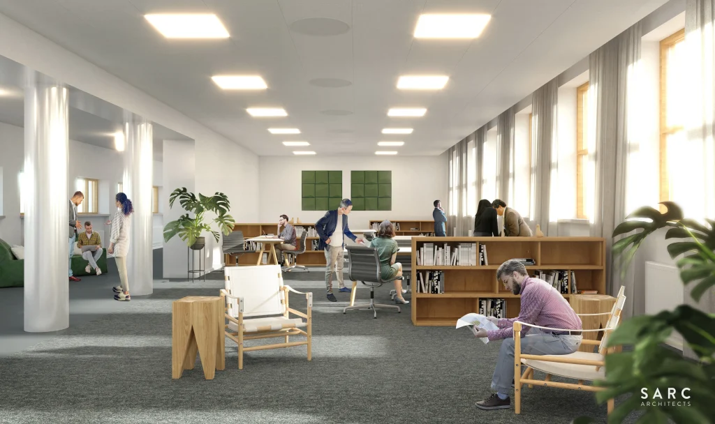 Runeberginkatu 14–16 yhteiskäyttötila – rennon yhteisöllinen työskentely- ja kohtaamisalue modernissa toimitilassa.