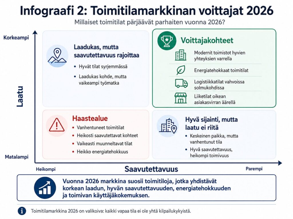 Infograafi vuokrattavien toimitilojen toimitilamarkkinan voittajista vuonna 2026