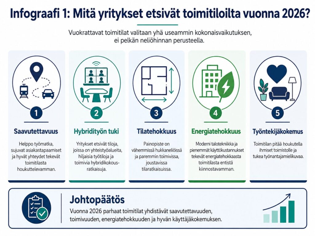 Infograafi vuokrattavien toimitilojen valintatrendeistä vuonna 2026